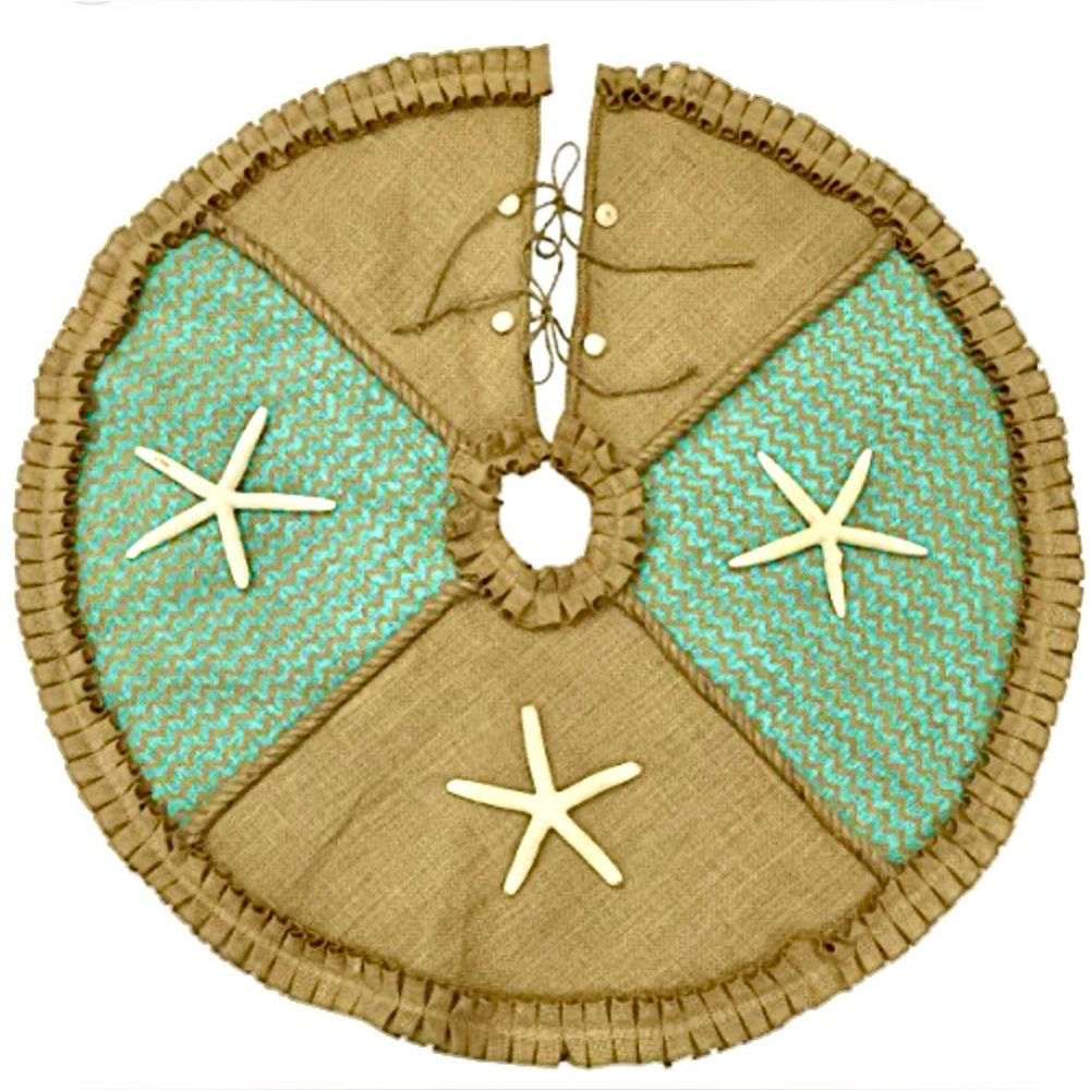 TROPICAL BEACH COASTAL CHRISTMAS TREE SKIRT~Burlap & Aqua w/Starfish & Shells